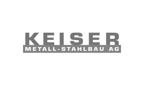 Typologo in schwarz und roter Farbe mit Aufschrift: KEISER METALL-STAHLBAU AG